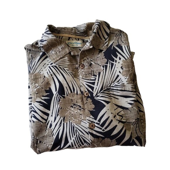 Caribbean Pure Silk Hawaiian Coastal Navy and Tan Wood Button Up Shirt XL - Picture 6 of 15